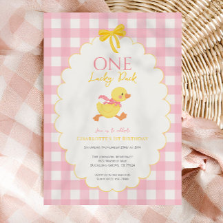 One Lucky Duck Pink Gingham Girl 1st birthday Invitation