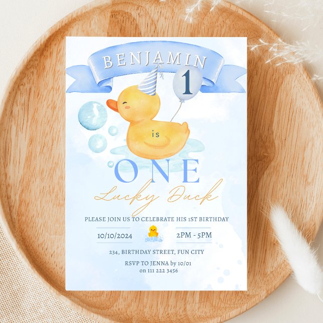 One Lucky Duck Rubber Duck 1st Birthday Invitation (One Lucky Duck Rubber Duck 1st First Birthday Invitation)
