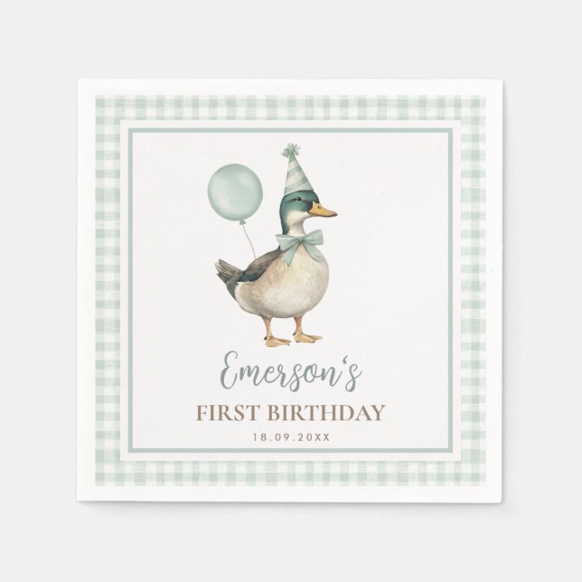 One Lucky Duck Sage Green Balloon Birthday Favors Napkins (Front)
