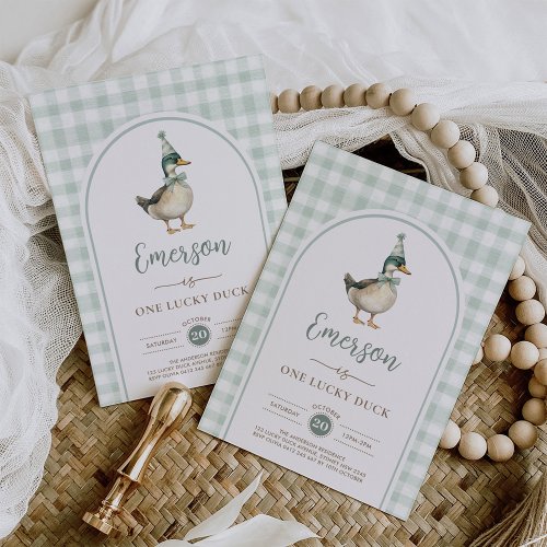 One Lucky Duck Sage Green Gingham 1st Birthday