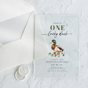 One Lucky Duck Watercolor Boy 1st Birthday Acrylic Invitations