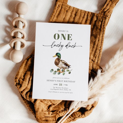 One Lucky Duck Watercolor Boy 1st Birthday Invitation