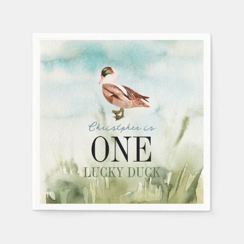 One Lucky Duck Watercolor Boy 1st Birthday Napkins