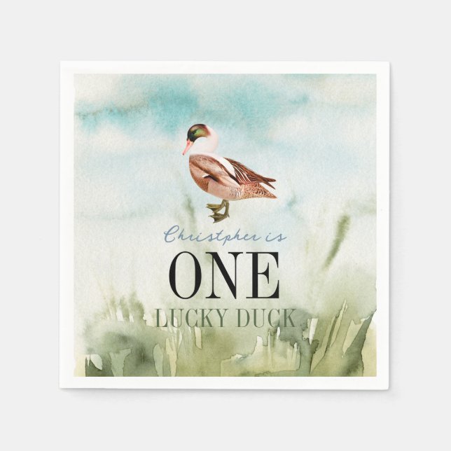 One Lucky Duck Watercolor Boy 1st Birthday Napkins (Front)