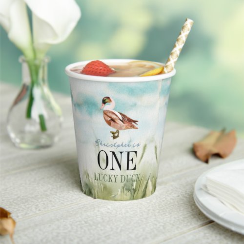 One Lucky Duck Watercolor Boy 1st Birthday Paper Cups