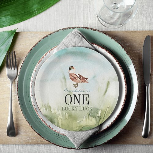 One Lucky Duck Watercolor Boy 1st Birthday Paper Plates