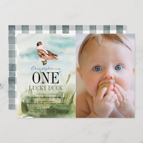 One Lucky Duck Watercolor Boy 1st Birthday Photo Invitation