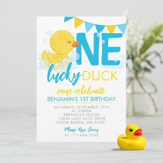 One Lucky Duck Watercolor Rubber Duck 1st Birthday Invitation
