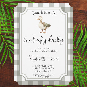 "One Lucky Ducky" Cute Picnic First Birthday Party Invitation