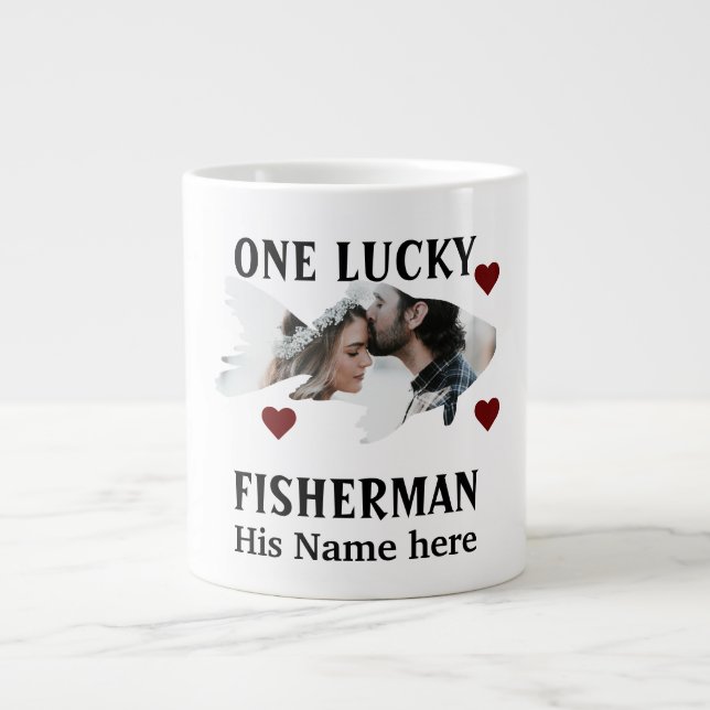 One lucky fisherman matching couple fish photo giant coffee mug (Front)