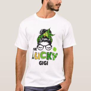 One Lucky Gigi Messy Bun Leopard St Patrick's Day T-Shirt