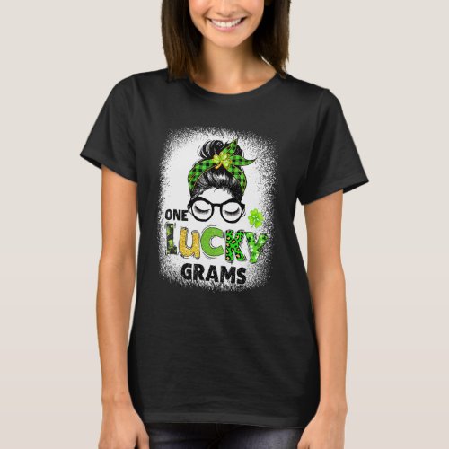 One Lucky Grams Messy Bun Leopard St Patricks Day T_Shirt