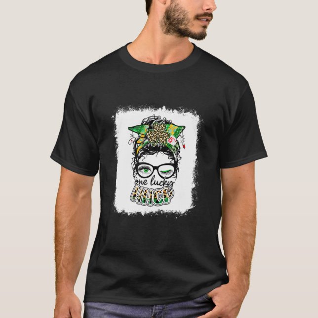 One Lucky HHCP One Lucky Nurse Messy Bun Shamrock T-Shirt (Front)