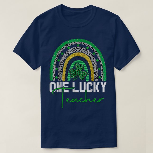 One Lucky Kinder Teacher Rainbow Leopard St  T-Shirt (Design Front)