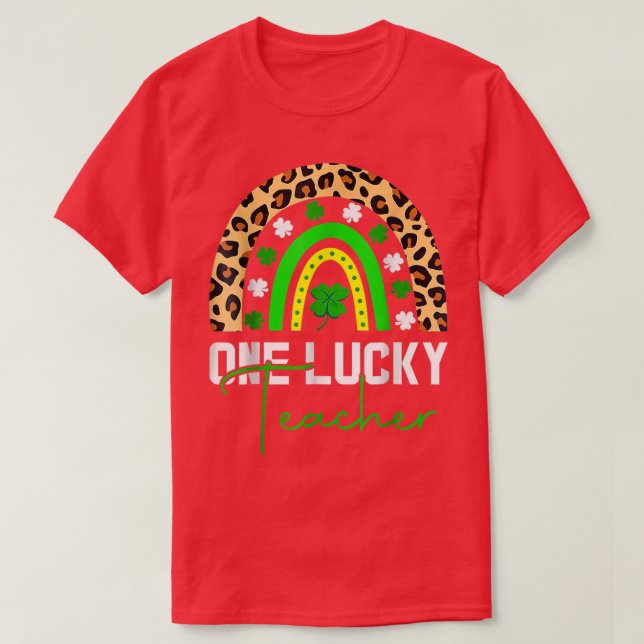One Lucky Kinder Teacher Rainbow Leopard St  T-Shirt (Design Front)