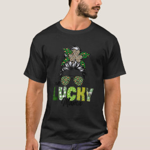One Lucky Mama Messy Bun Leopard Shamrock Funny St T-Shirt