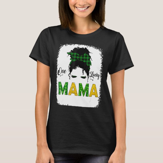 One Lucky Mama Messy Bun Leopard St Patrick S Day T-Shirt (Front)