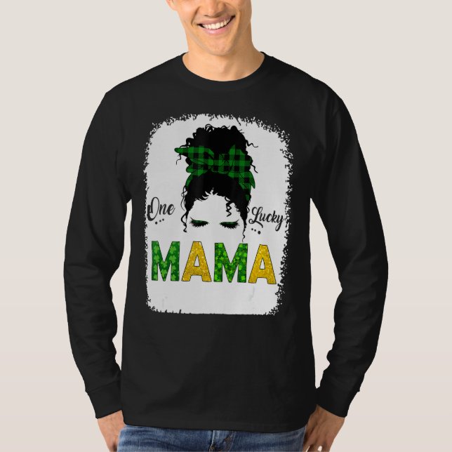 One Lucky Mama Messy Bun Leopard St Patrick S Day T-Shirt (Front)