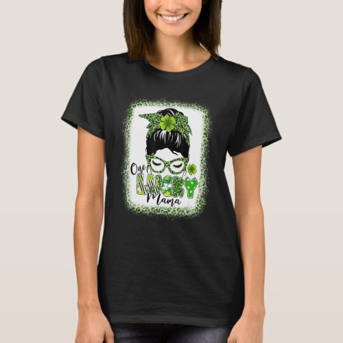 One Lucky Mama St Patricks Day Messy Bun Leopard S T_Shirt