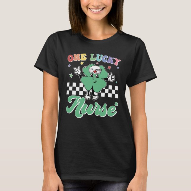 One Lucky Nurse ICU RN Retro Groovy Patrick's Day  T-Shirt (Front)