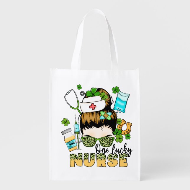 One Lucky Nurse - Messy Bun - St. Patrick’s Day Grocery Bag (Front)