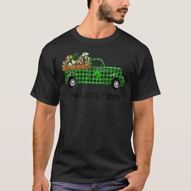 One Lucky Pappy Green Plaid Truck Shamrocks St Pat T-Shirt (Front)