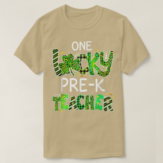 One Lucky Pre K Teacher Shamrock Leopard Plaid Pat T-Shirt (Design Front)