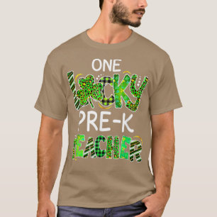 One Lucky Pre K Teacher Shamrock Leopard Plaid Pat T-Shirt
