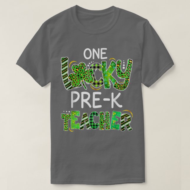 One Lucky Pre K Teacher Shamrock Leopard Plaid Pat T-Shirt (Design Front)