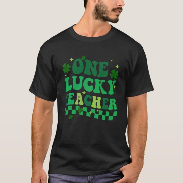 One Lucky Teacher Groovy Retro St Patrick's Day Bo T-Shirt (Front)