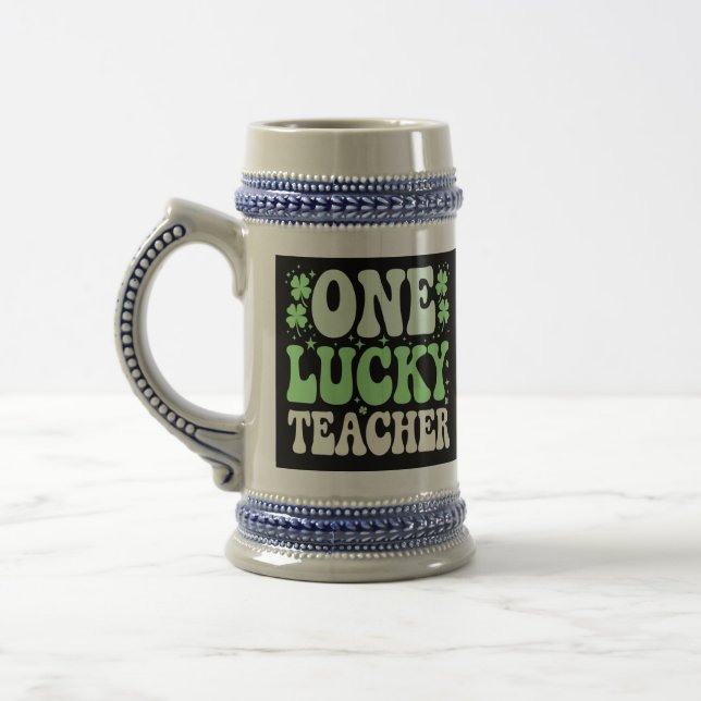One Lucky Teacher Groovy Retro Teacher St Patricks Beer Stein (Left)