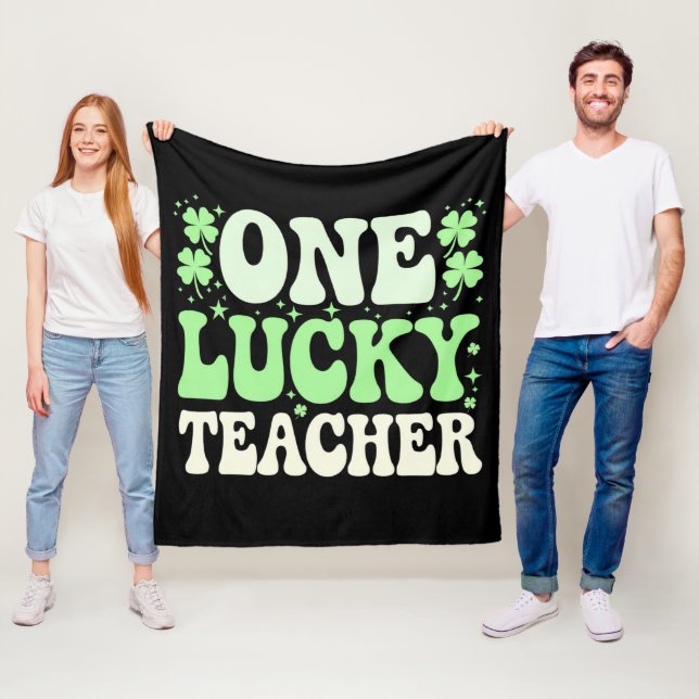 One Lucky Teacher Groovy Retro Teacher St Patricks Fleece Blanket (In Situ)