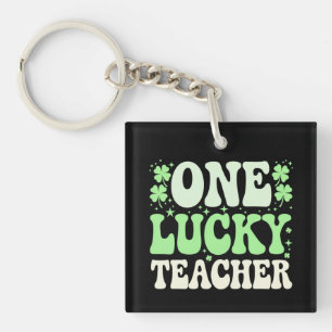 One Lucky Teacher Groovy Retro Teacher St Patricks Keychain