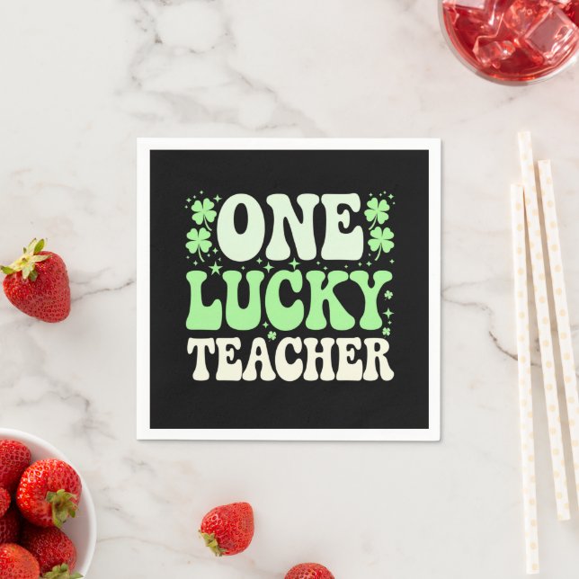 One Lucky Teacher Groovy Retro Teacher St Patricks Napkins (Insitu)