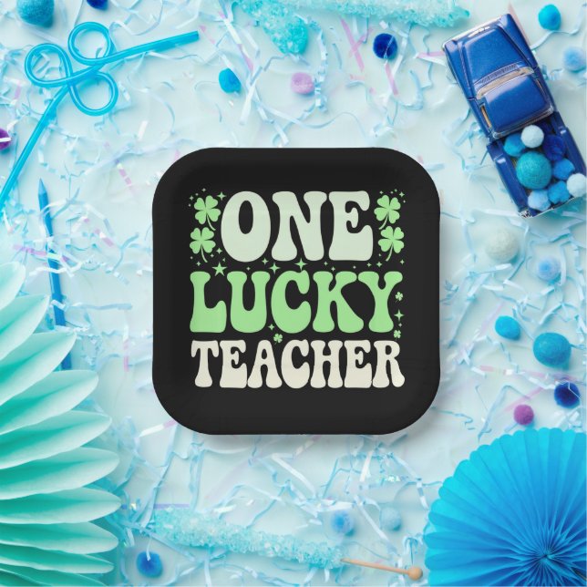 One Lucky Teacher Groovy Retro Teacher St Patricks Paper Plates (Party)