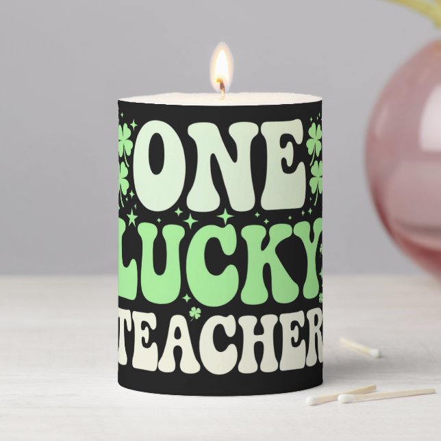 One Lucky Teacher Groovy Retro Teacher St Patricks Pillar Candle (In Situ)