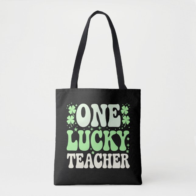 One Lucky Teacher Groovy Retro Teacher St Patricks Tote Bag (Front)