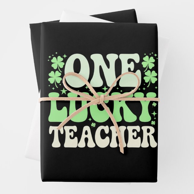 One Lucky Teacher Groovy Retro Teacher St Patricks Wrapping Paper Sheets (In situ)