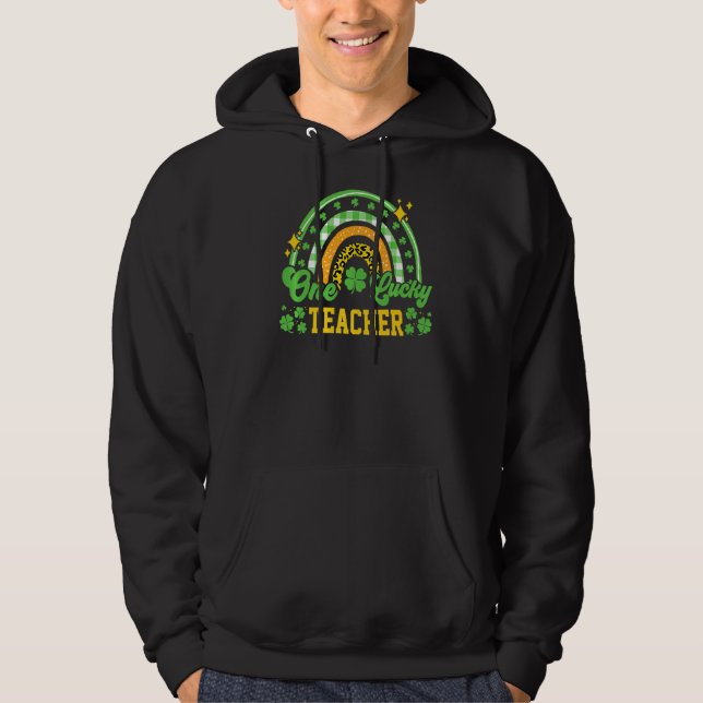 One Lucky Teacher Leopard Print Rainbow Hoodie (Front)