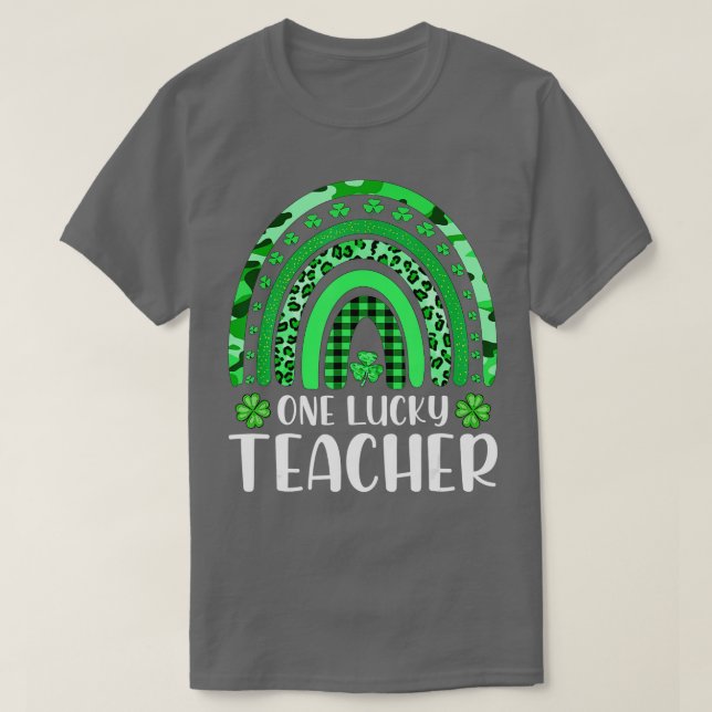One Lucky Teacher Rainbow Leopard Shamrock St Patr T-Shirt (Design Front)