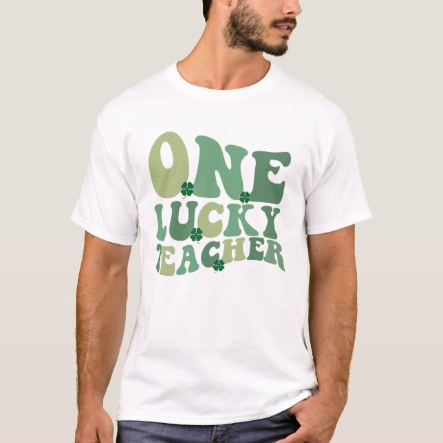 One Lucky Teacher St Patricks Day Retro Groovy T-Shirt (Front)