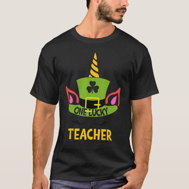One Lucky Teacher Unicorn Face St Patricks Day Sha T-Shirt (Front)