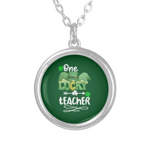 One Lucky teacher with gnomes Silver Plated Necklace