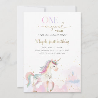 One Magical Year Pastel Unicorn 1st Birthday Party Invitation