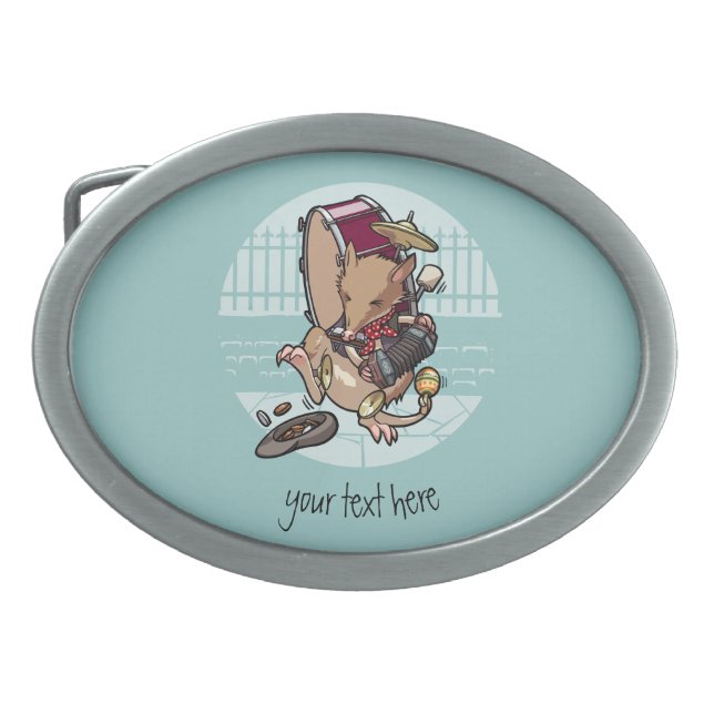 One Man Bandicoot Busking With Harmonica Cartoon Belt Buckle (Front)