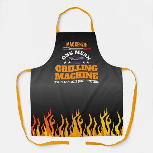 One Mean Grilling Machine Flame on BLACK Apron