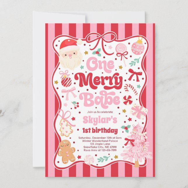 One Merry Babe Christmas Coquette Bow 1st Birthday Invitation (Front)