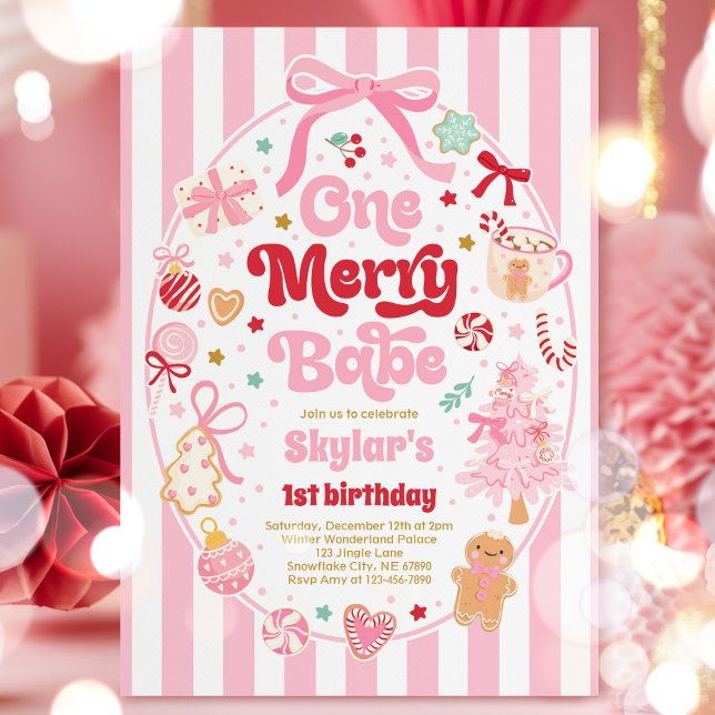 One Merry Babe Christmas Coquette Bow 1st Birthday Invitation (Creator Uploaded)