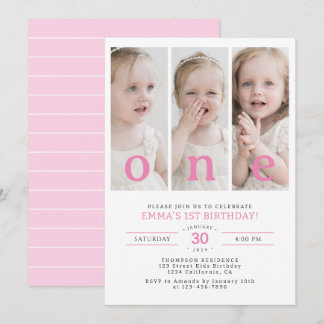 ONE Minimalist 1st Birthday Party Photo Collage Invitation