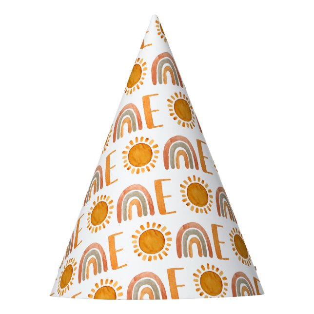 One - Modern Rainbow and Sunshine 1st Birthday  Party Hat (Front)